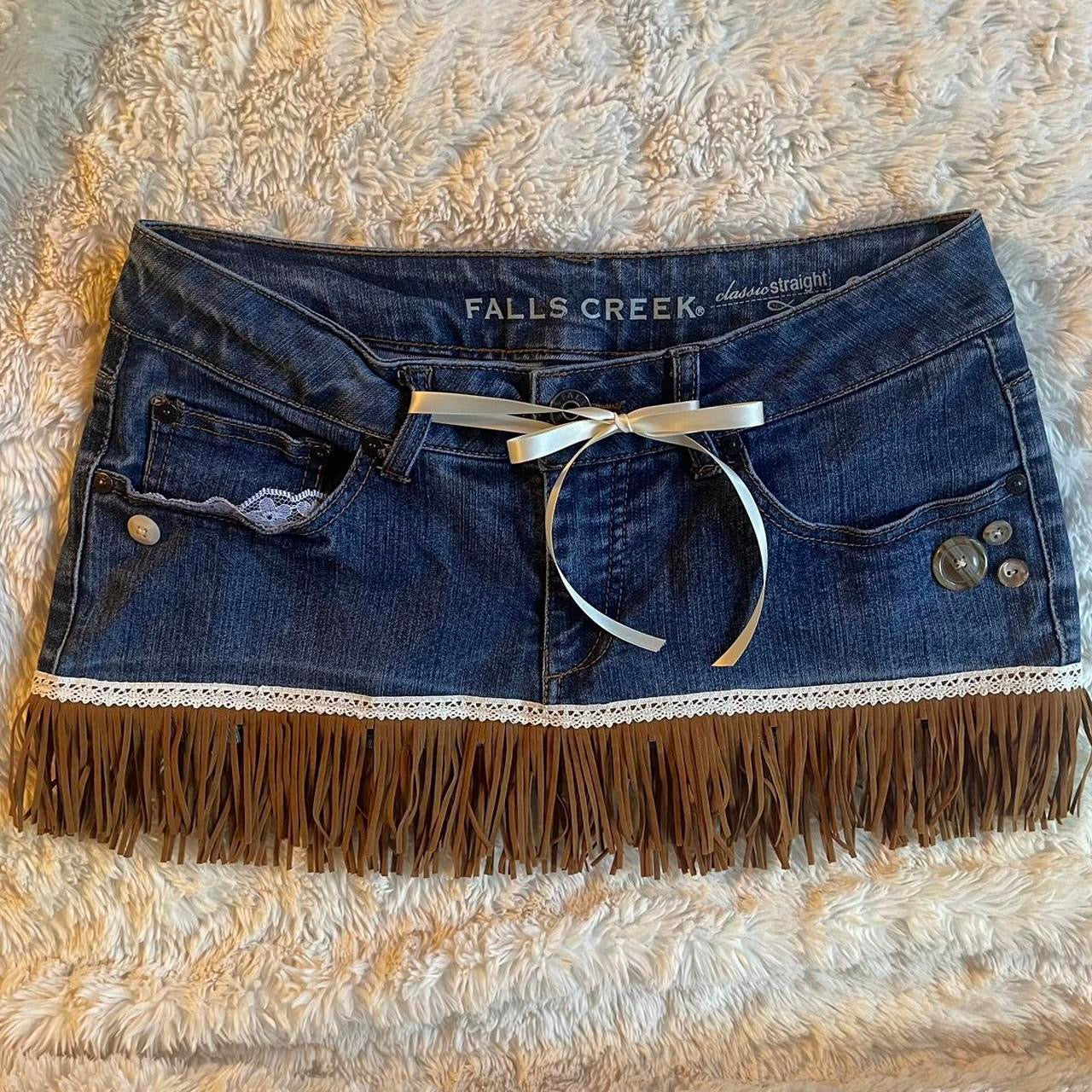 ୨୧ reworked OOAK vintage 70s western princess micro mini denim skirt with faux suede tassels, buttons and lace trim
