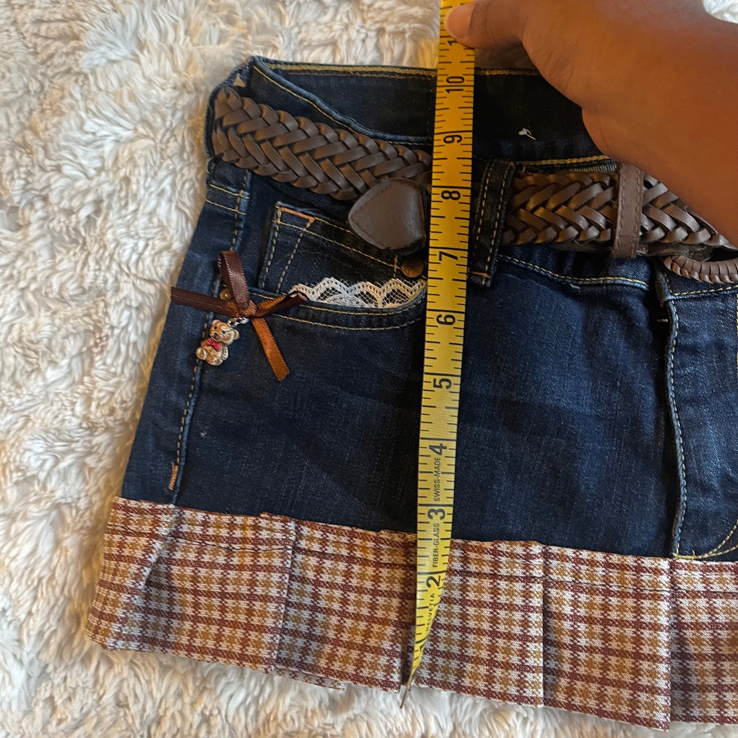 ୨୧ reworked OOAK vintage 70s brooklyn baby princess micro mini denim skirt with teddy charm, plaid trim, woven belt, lace and bows