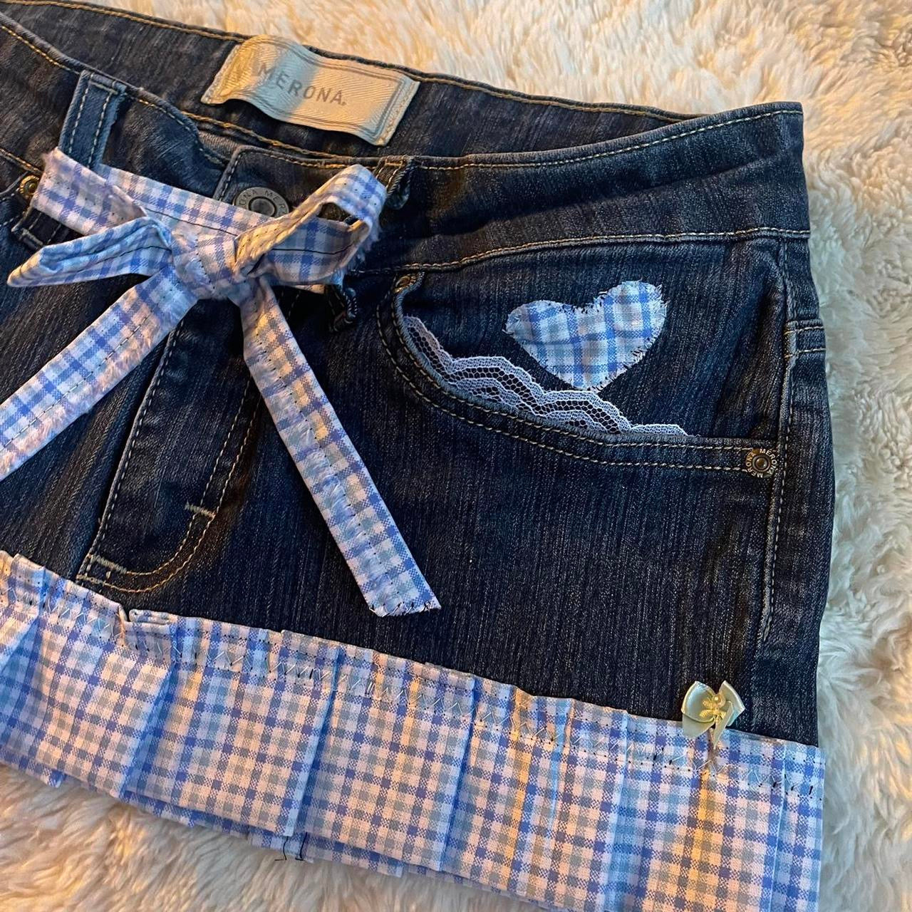 เญจเญง reworked OOAK vintage micro mini denim skirt with gingham baby blue trim, heart patch and bow details