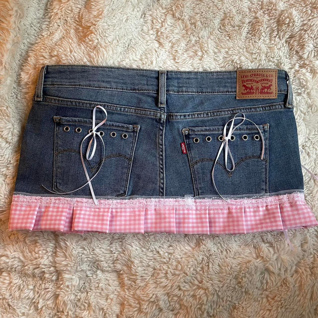 reworked y2k OOAK vintage micro mini denim skirt with gingham trim and baby pink bow details