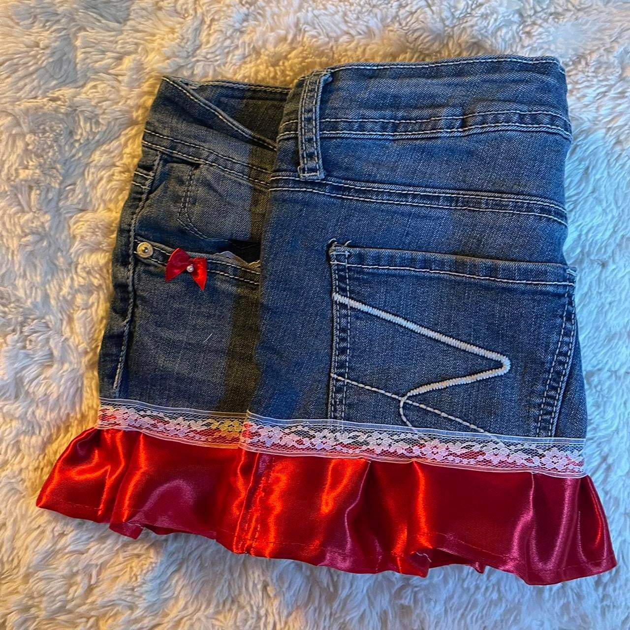 ୨୧ reworked OOAK cherry bomb princess vintage micro mini denim skirt with satin trim and red bow details