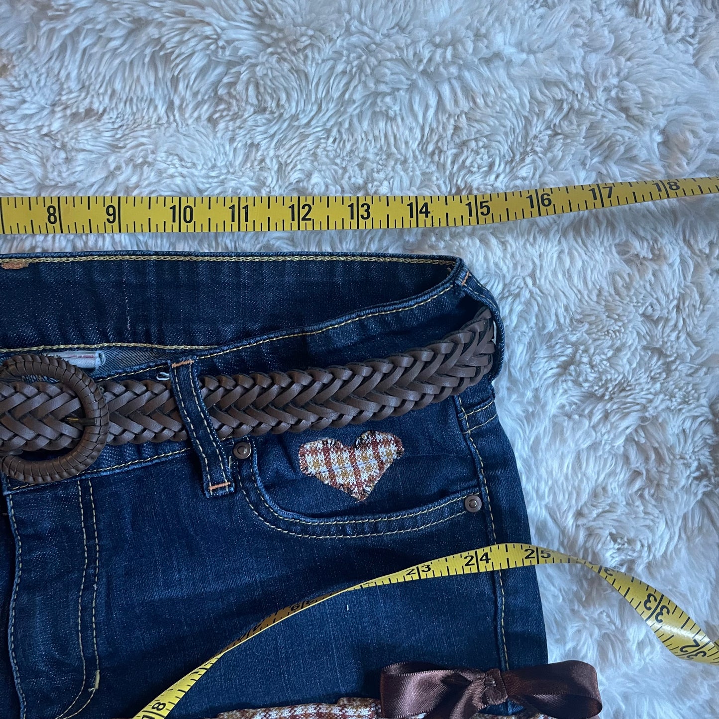 ୨୧ reworked OOAK vintage 70s brooklyn baby princess micro mini denim skirt with teddy charm, plaid trim, woven belt, lace and bows