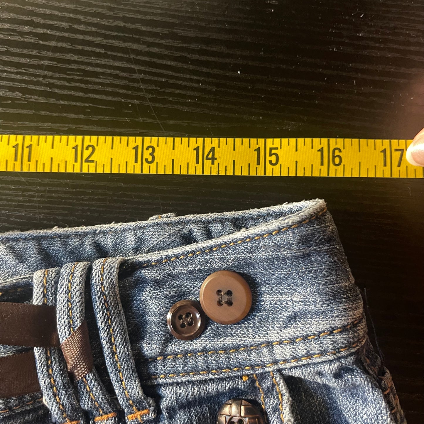 ąØą§ reworked OOAK 2000s western princess extreme denim micro mini skirt with leather trim, buttons, lace & chocolate ribbon