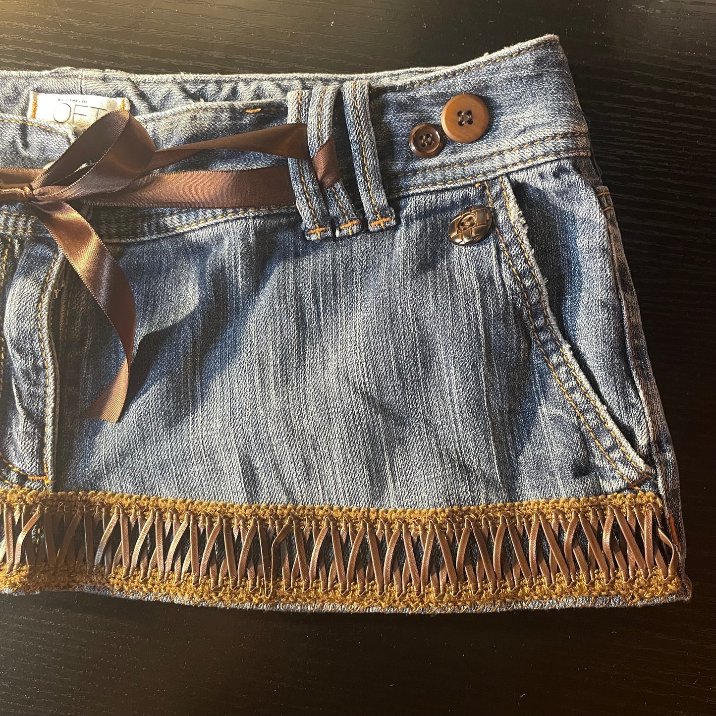 ąØą§ reworked OOAK 2000s western princess extreme denim micro mini skirt with leather trim, buttons, lace & chocolate ribbon