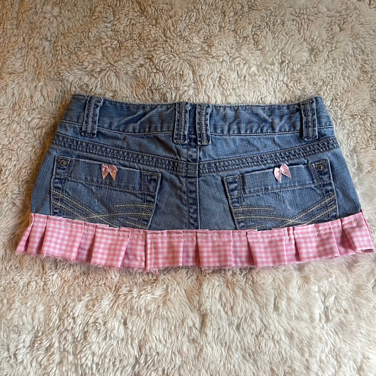 ୨୧ reworked y2k OOAK vintage micro mini denim skirt with gingham trim and baby pink bow details