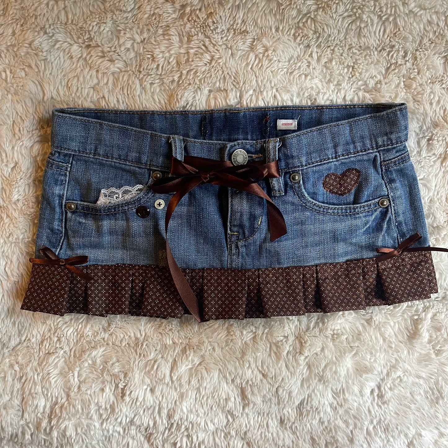୨୧ reworked OOAK vintage 70s brooklyn baby princess micro mini denim skirt with plaid trim, lace, buttons and bows