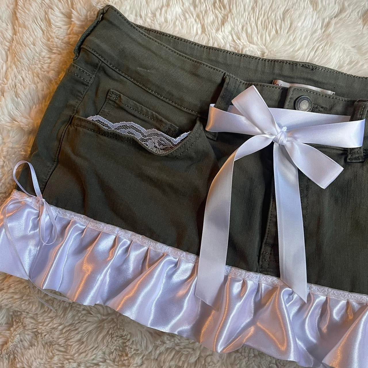 ୨୧ reworked OOAK vintage khaki cutie micro mini denim skirt with satin trim and white bow details