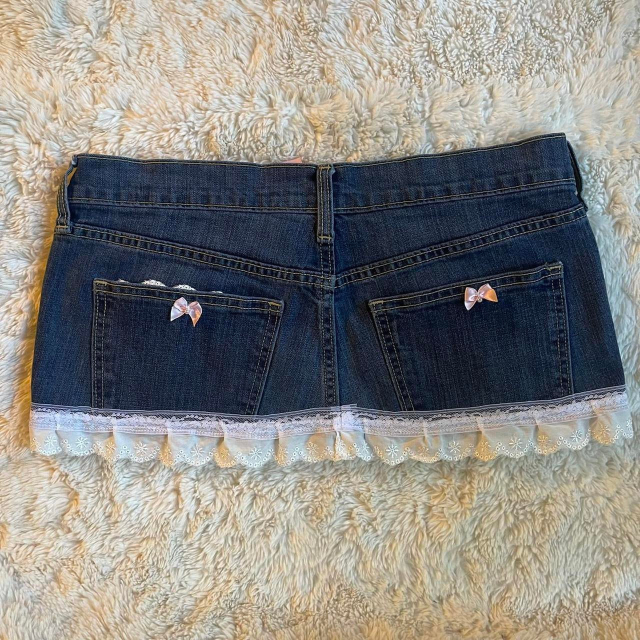 ୨୧ reworked OOAK 2000s extreme denim micro mini skirt with lace trim & baby pink bows