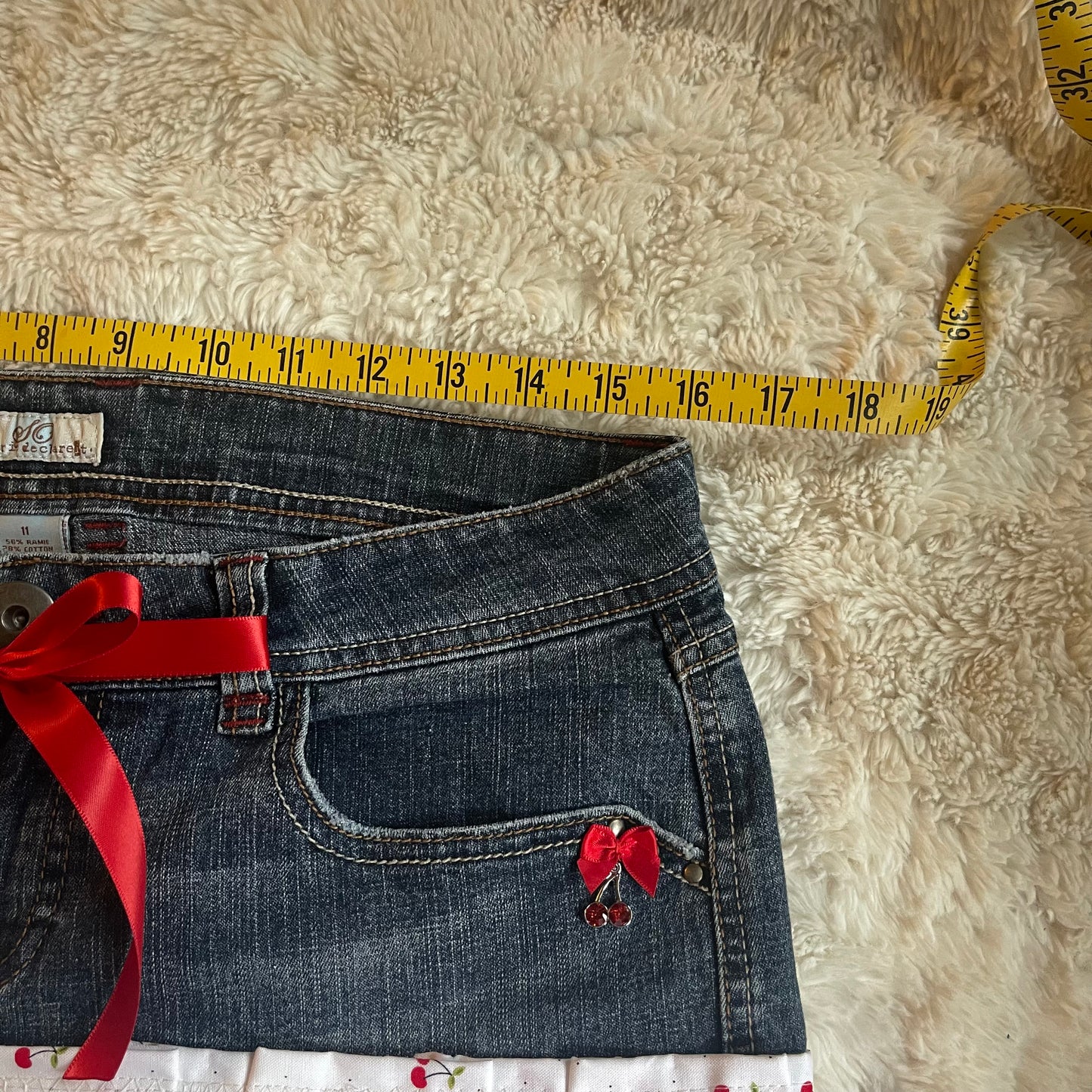 ୨୧ reworked OOAK y2k cherry bomb princess vintage mini denim skirt cherry charm, lace trim, lace & bows