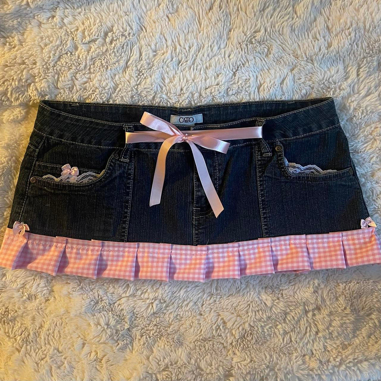 ୨୧ reworked OOAK vintage micro mini denim skirt with trim and baby pink bow details