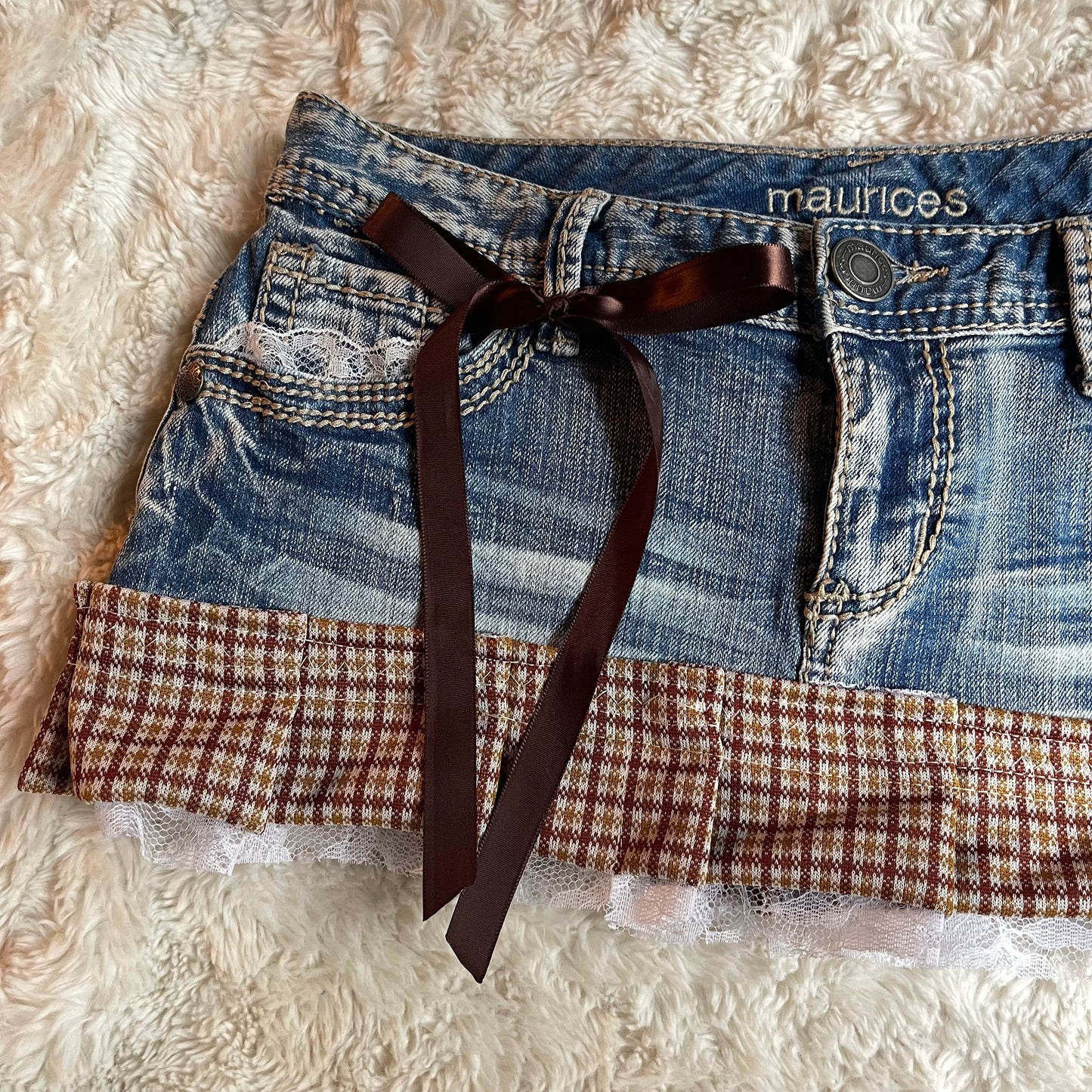 ୨୧ reworked OOAK vintage 70s brooklyn baby princess micro mini denim skirt with trim, lace and bows