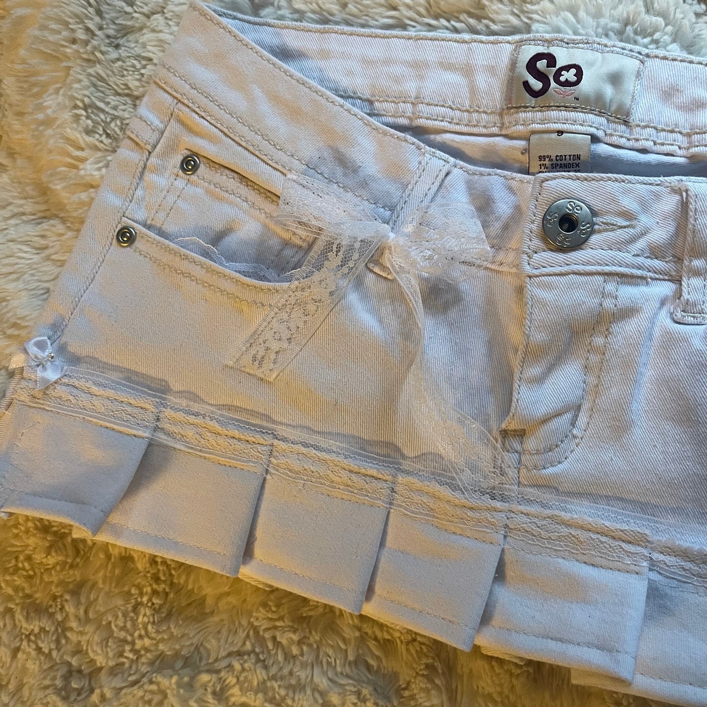 ୨୧ reworked OOAK 2000s princess denim micro white mini skirt with lace trim & white silky bows