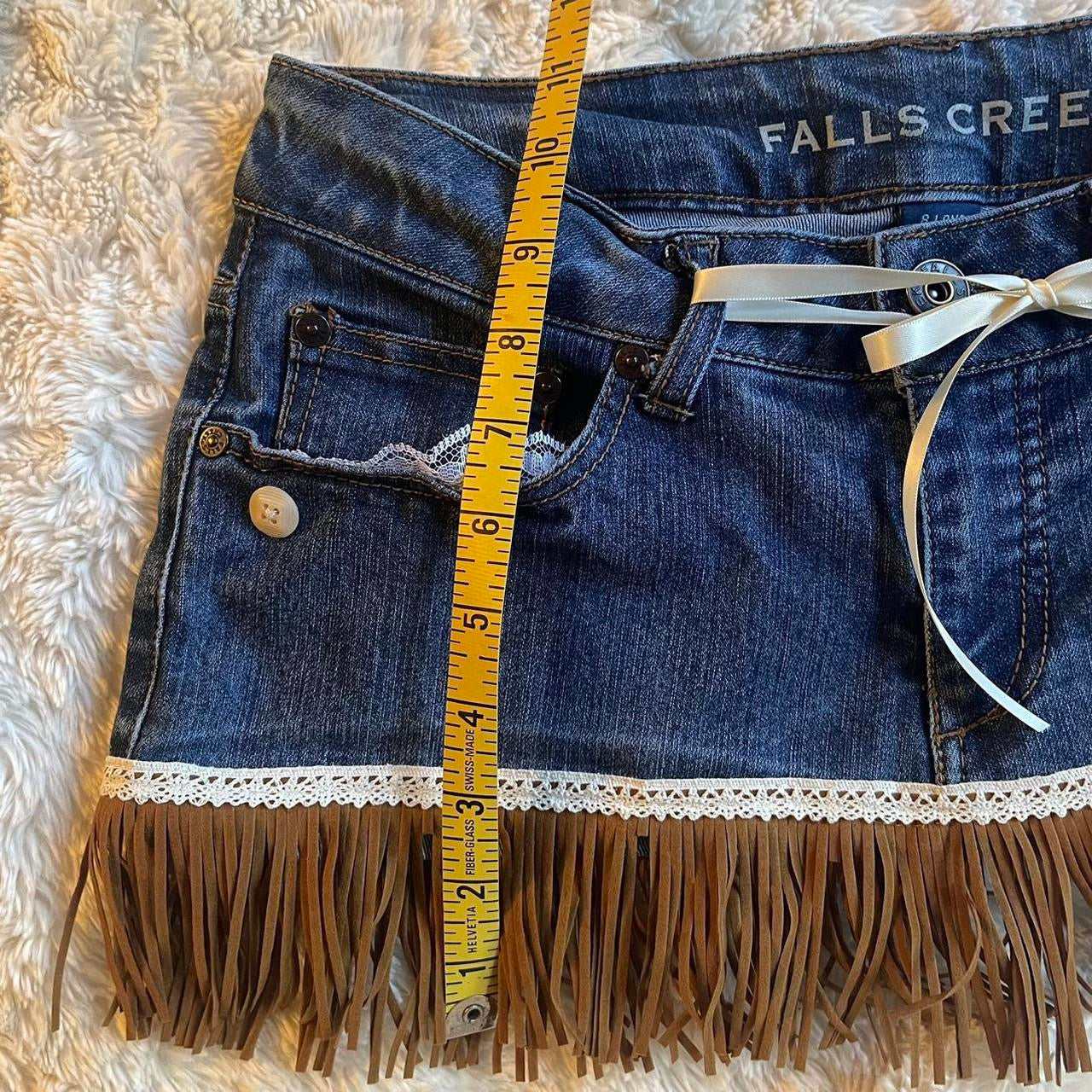 ୨୧ reworked OOAK vintage 70s western princess micro mini denim skirt with faux suede tassels, buttons and lace trim