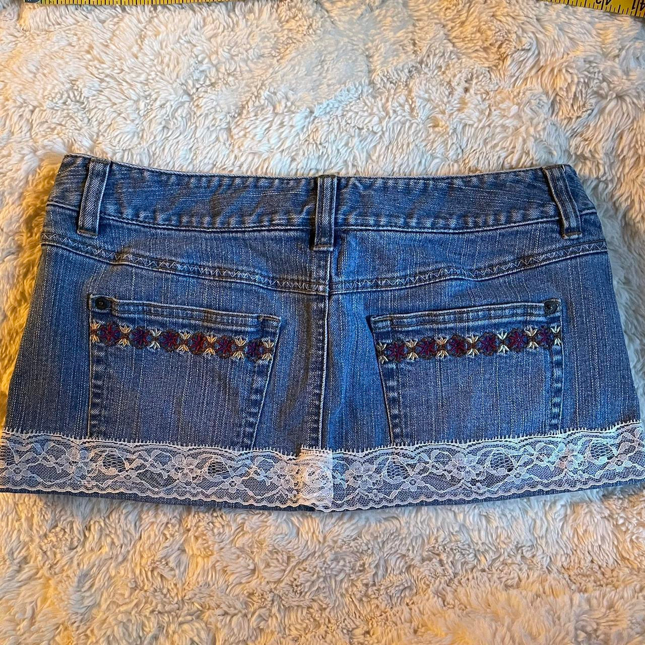 ୨୧ reworked OOAK 2000s extreme denim micro mini skirt with lace trim & white bows