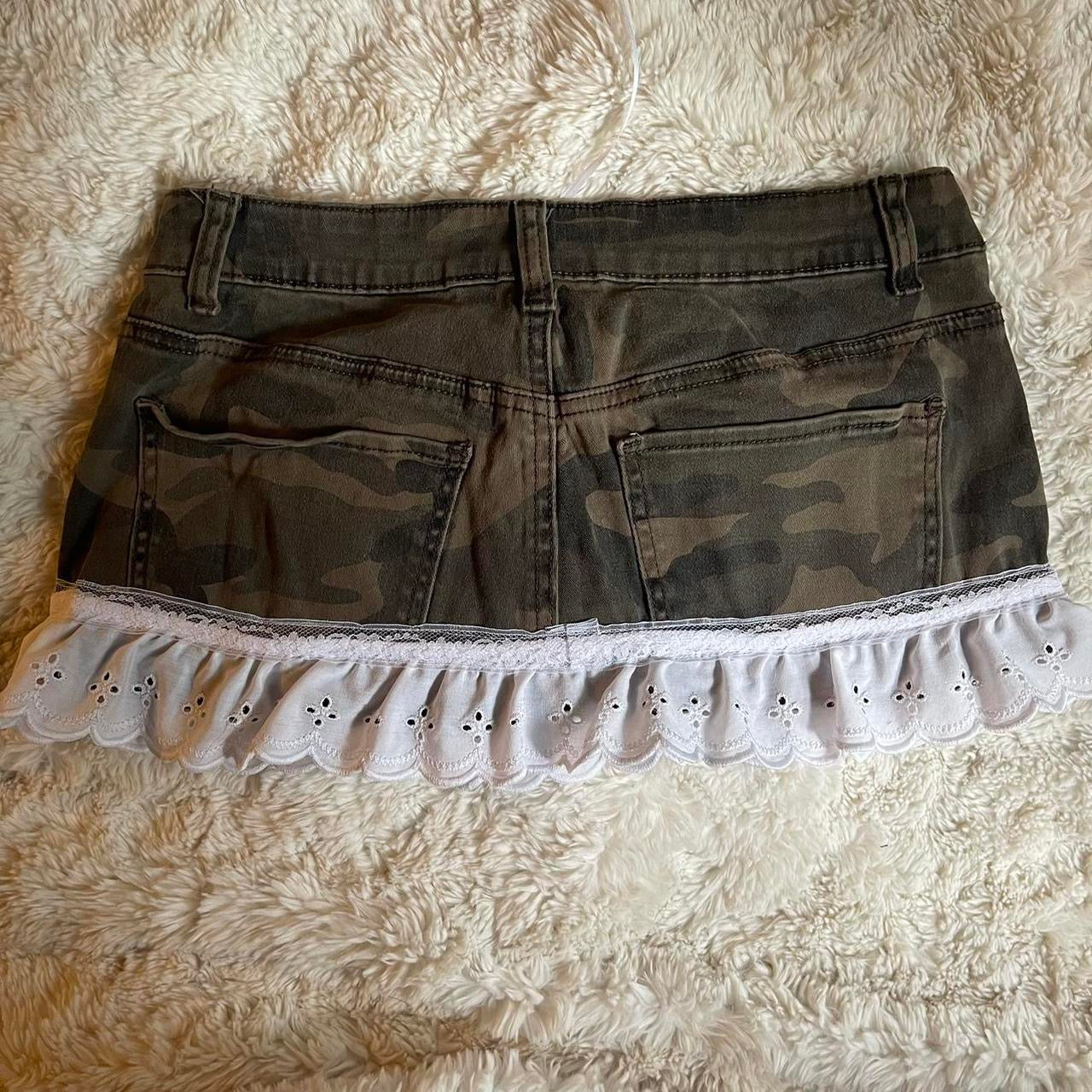 ୨୧ reworked OOAK princess vintage camo micro mini denim skirt with ruffle trim, lace, and white bow details