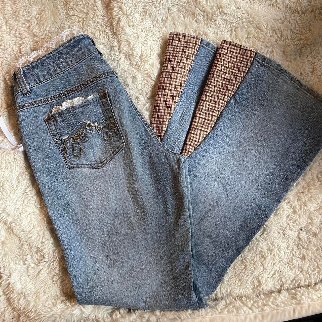 ୨୧ reworked vintage princess OOAK gingham ribbon flare jeans with contrast stitching, lace & bows