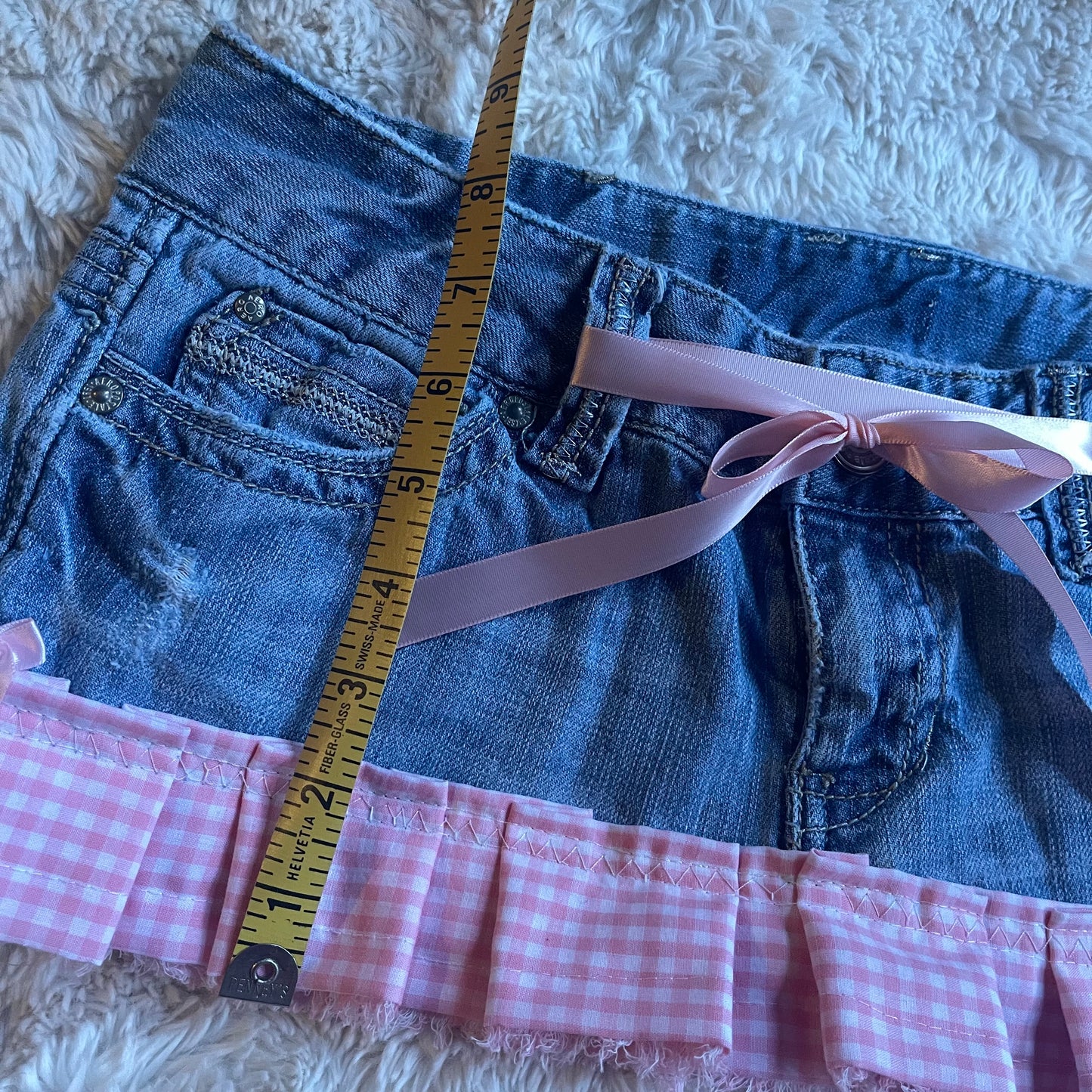୨୧ reworked y2k OOAK vintage micro mini denim skirt with gingham trim and baby pink bow details