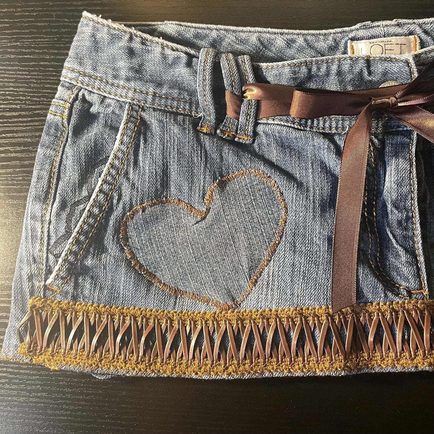 ąØą§ reworked OOAK 2000s western princess extreme denim micro mini skirt with leather trim, buttons, lace & chocolate ribbon