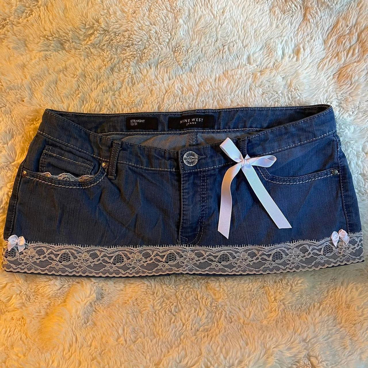 ୨୧ reworked OOAK 2000s extreme denim micro light blue mini skirt with rhinestones, lace trim & white bows
