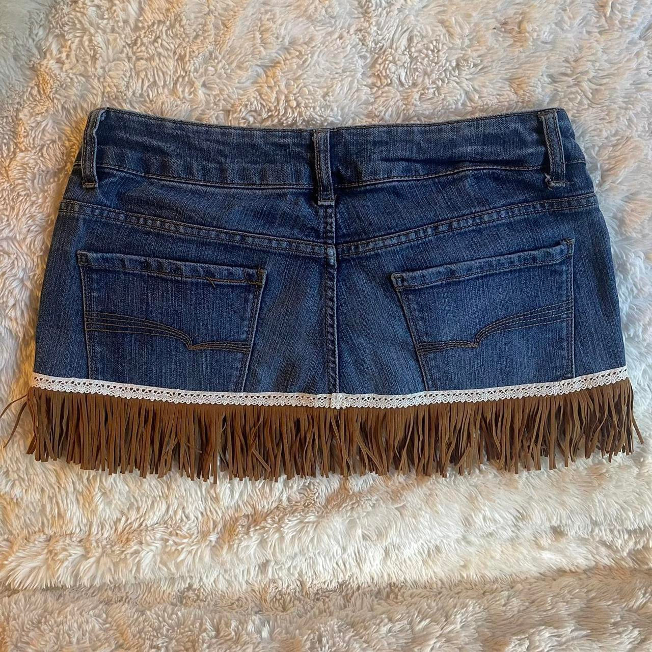 ୨୧ reworked OOAK vintage 70s western princess micro mini denim skirt with faux suede tassels, buttons and lace trim