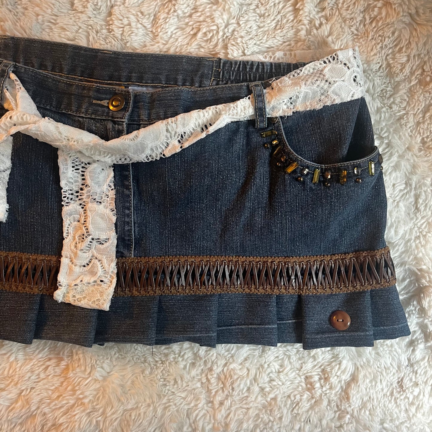 ୨୧ reworked OOAK vintage 70s western princess micro mini sparkly denim skirt with pleats, lace belt, sequins and leather trim
