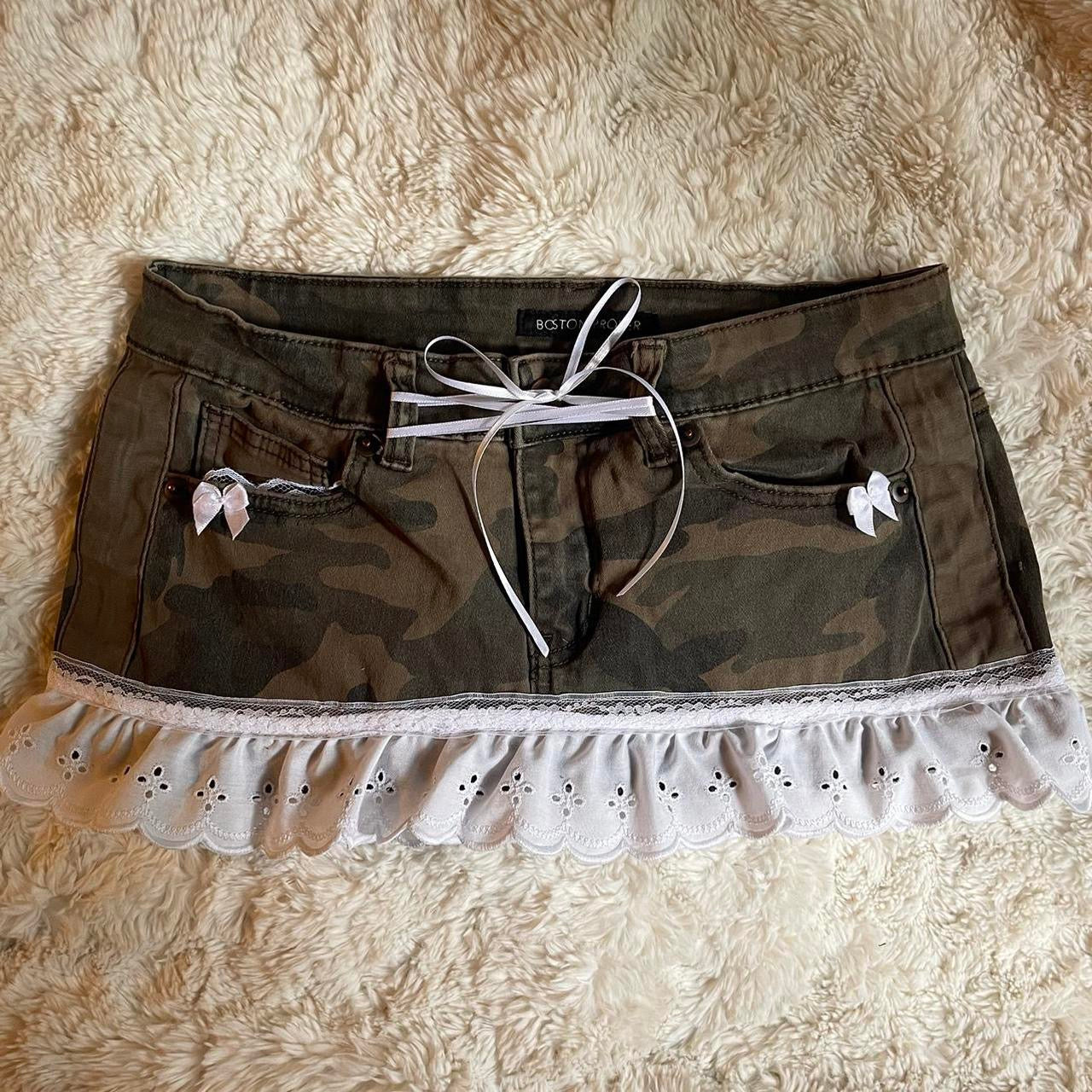୨୧ reworked OOAK princess vintage camo micro mini denim skirt with ruffle trim, lace, and white bow details