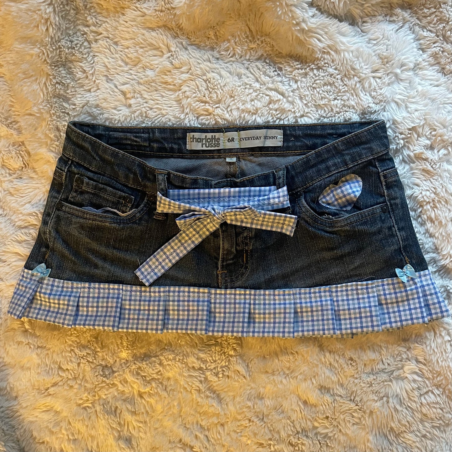 ąØą§ reworked OOAK vintage micro mini denim skirt with gingham baby blue trim, heart patch and bow details