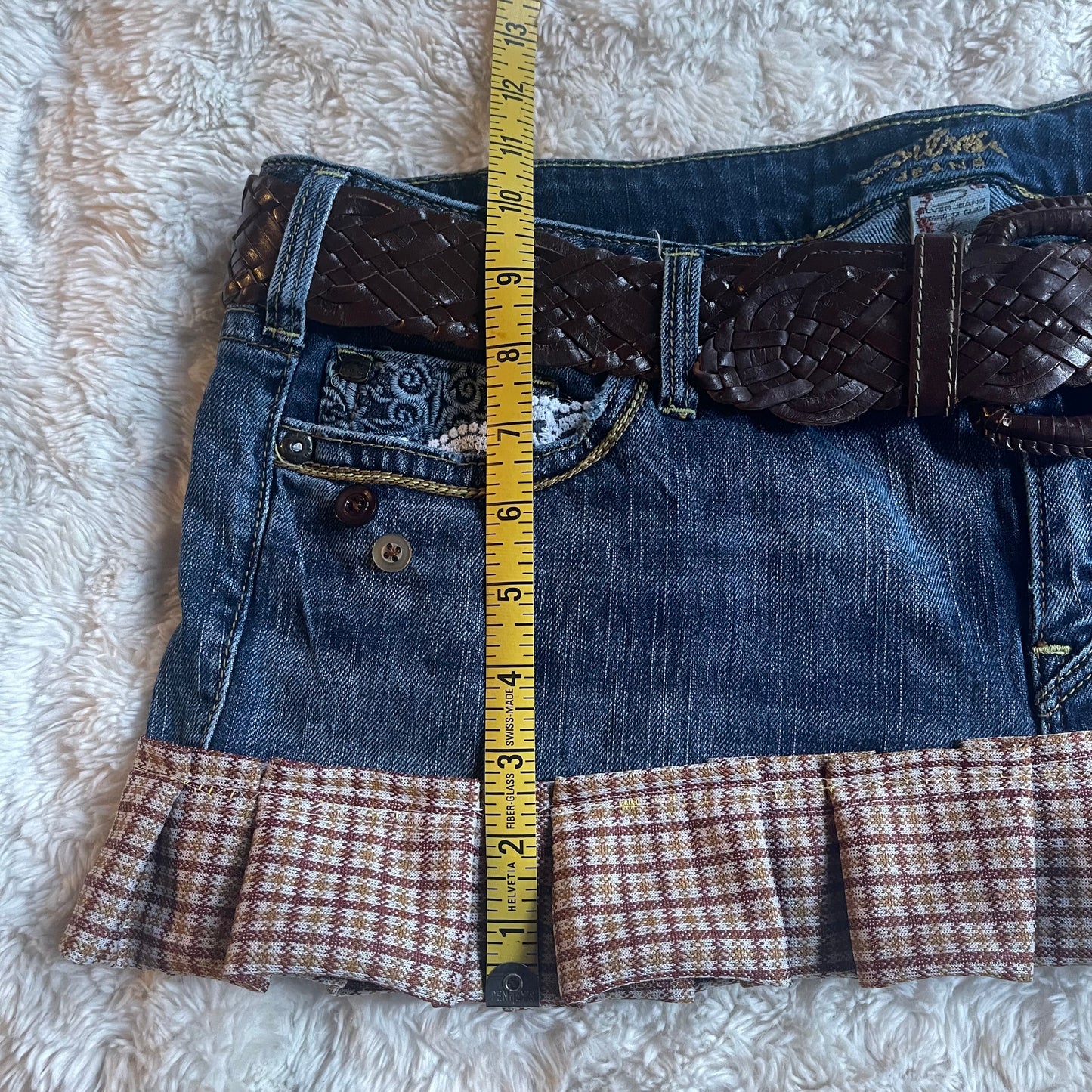 ୨୧ reworked OOAK vintage 70s western princess micro mini denim skirt with pleats, woven belt, buttons and lace trim