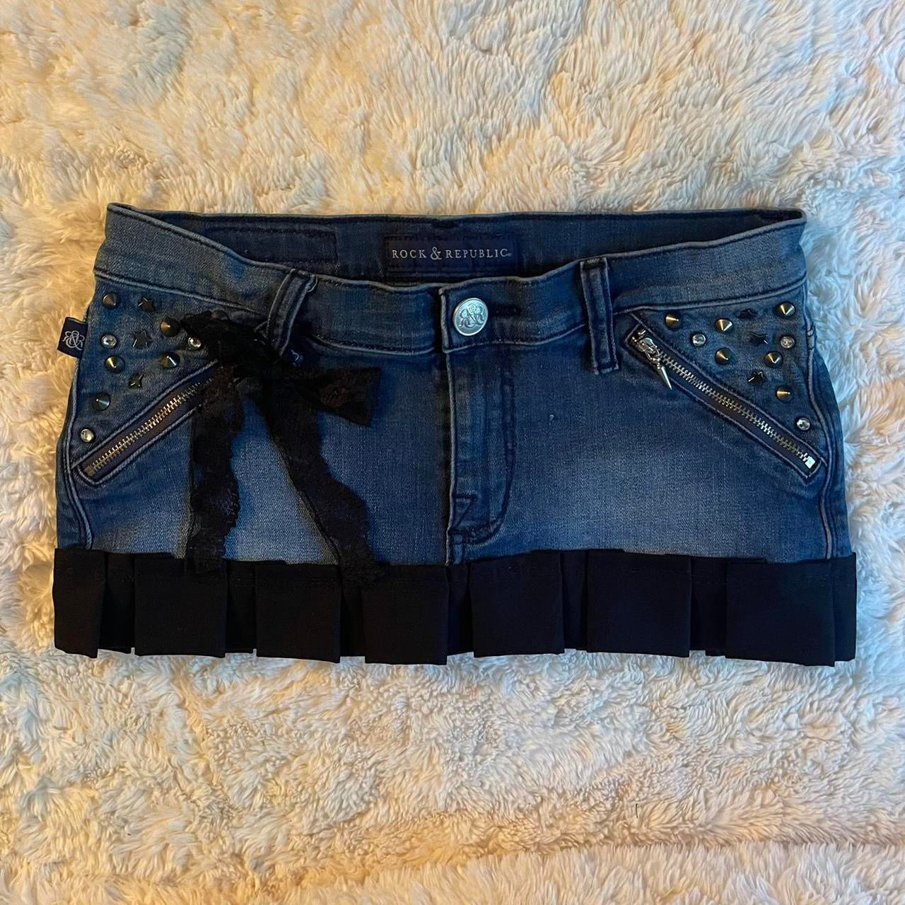 reworked OOAK 2000s princess light wash denim micro mini skirt w rhinestones, spiked studs, zipper pockets, black ribbon, lace and hand sewn pleats ୨୧