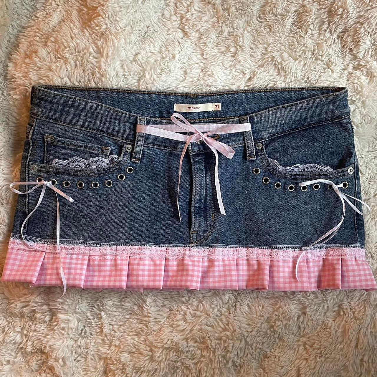 reworked y2k OOAK vintage micro mini denim skirt with gingham trim and baby pink bow details
