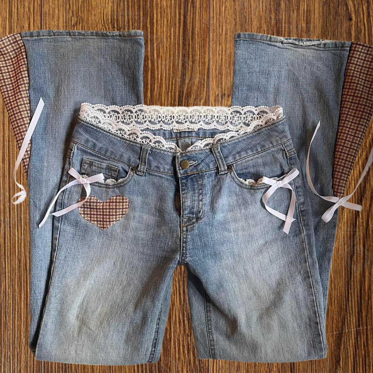 ୨୧ reworked vintage princess OOAK gingham ribbon flare jeans with contrast stitching, lace & bows