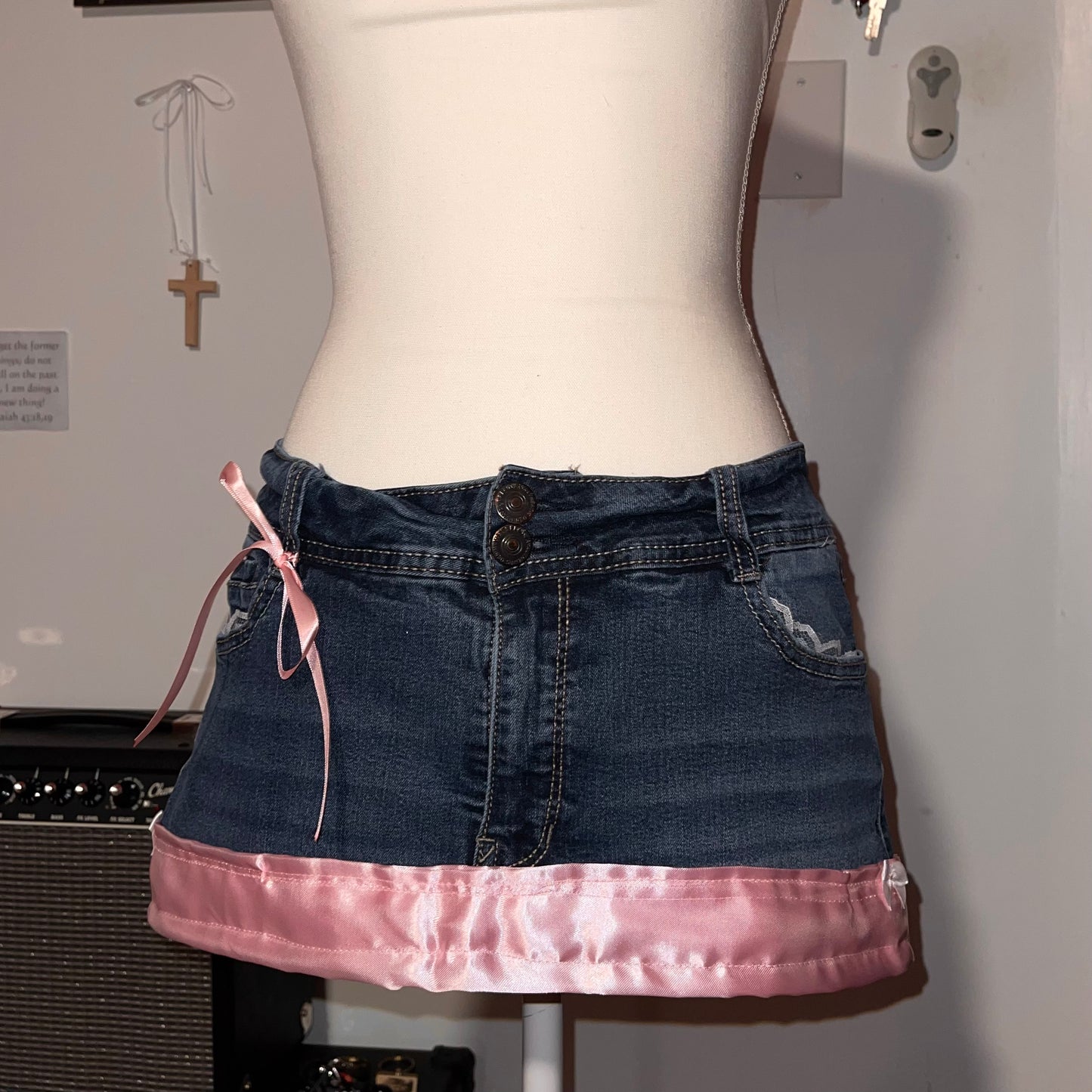 ୨୧ reworked OOAK bubblegum princess vintage micro mini denim skirt with satin trim and pink bow details