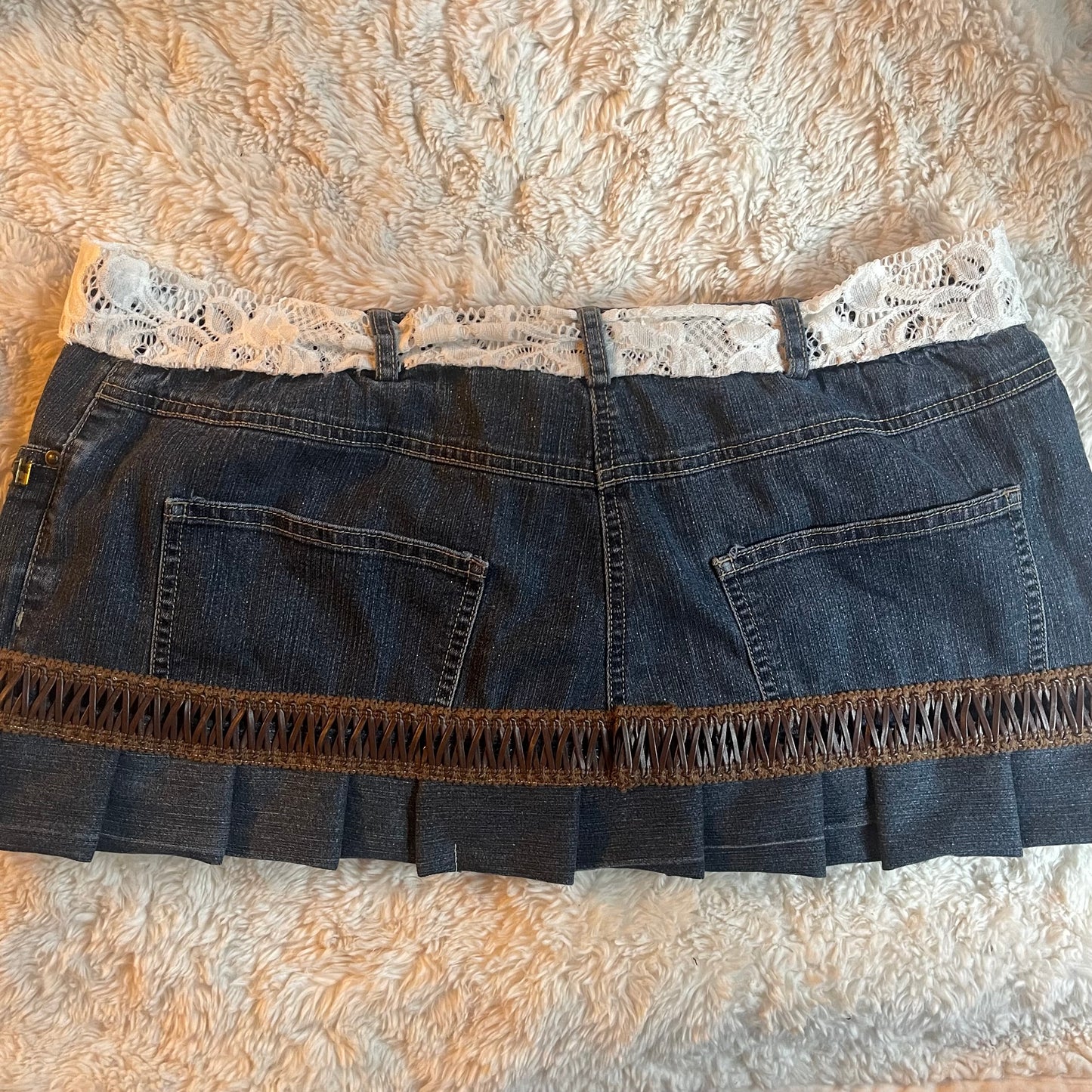 ୨୧ reworked OOAK vintage 70s western princess micro mini sparkly denim skirt with pleats, lace belt, sequins and leather trim
