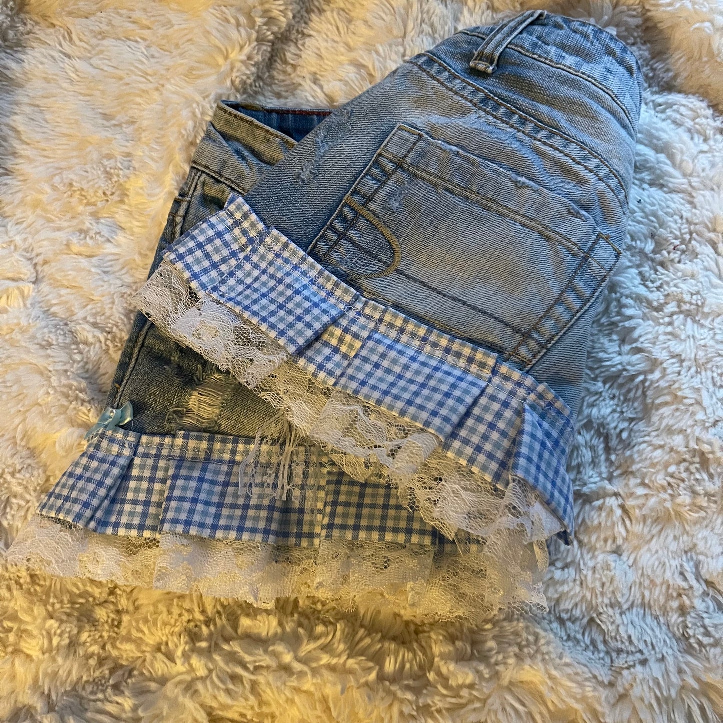 ąØą§ reworked OOAK vintage micro mini denim skirt with buttons, gingham baby blue trim with lace, heart patch and bow details