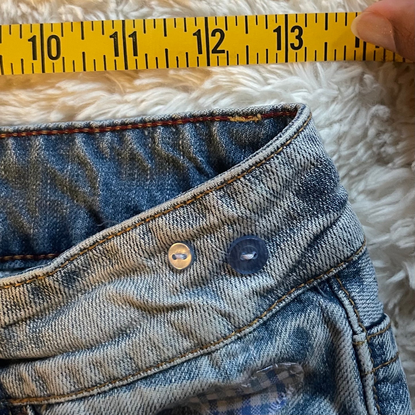 ąØą§ reworked OOAK vintage micro mini denim skirt with buttons, gingham baby blue trim with lace, heart patch and bow details