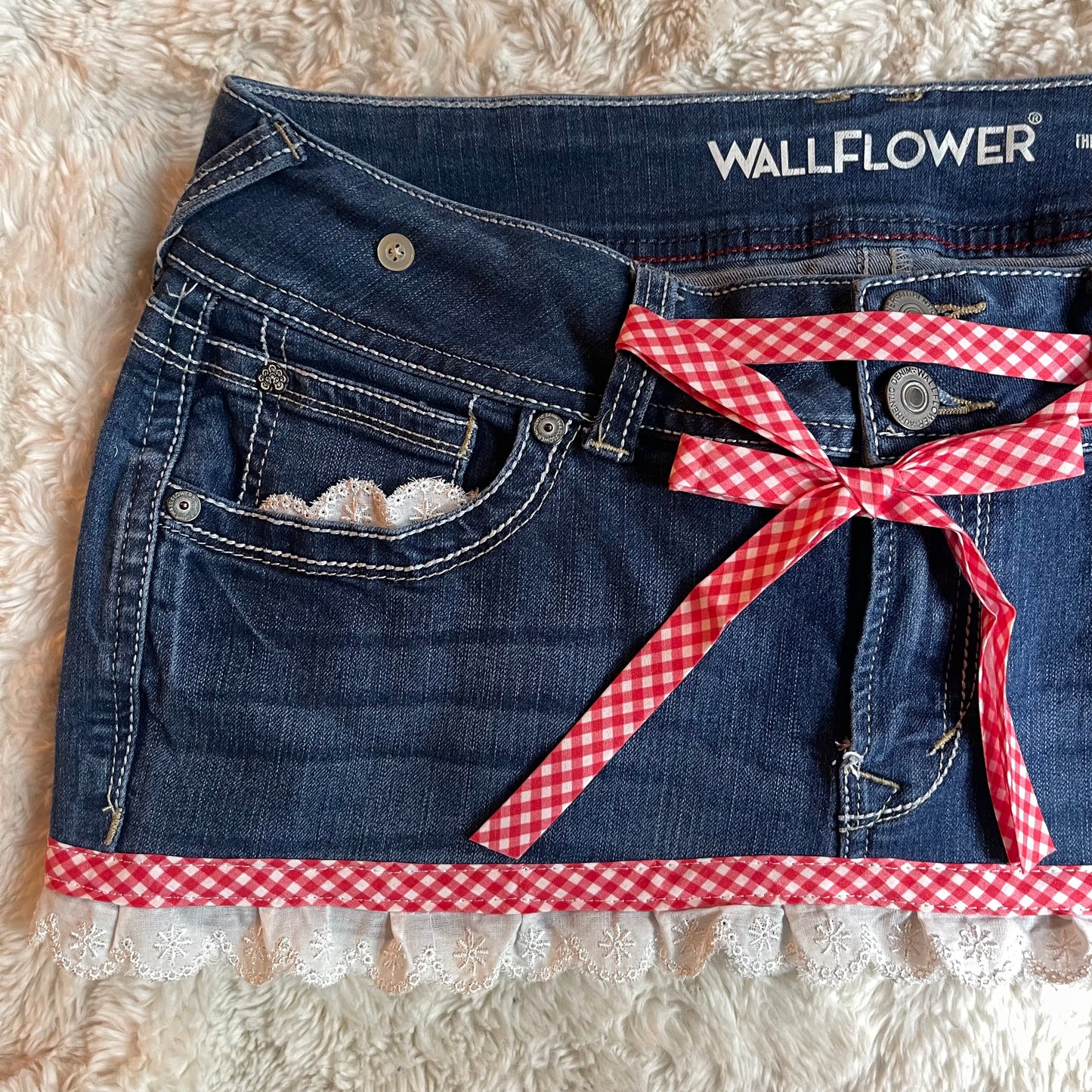 ୨୧ reworked OOAK vintage micro mini denim skirt with lace trim, contrast stitching and bow details