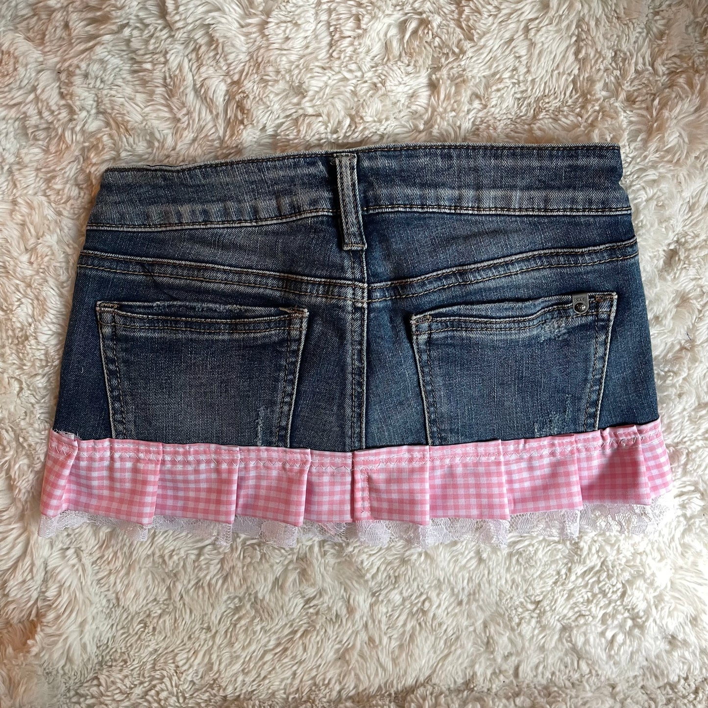 เญจเญง reworked OOAK vintage micro mini denim skirt with gingham baby pink trim with lace, and bow details