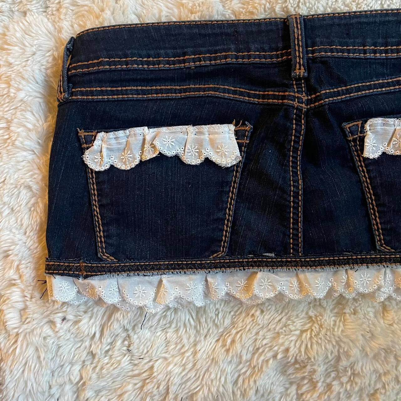 reworked OOAK 2000s dark wash princess denim micro mini skirt with heart patches, ruffles & ribbons ୨୧