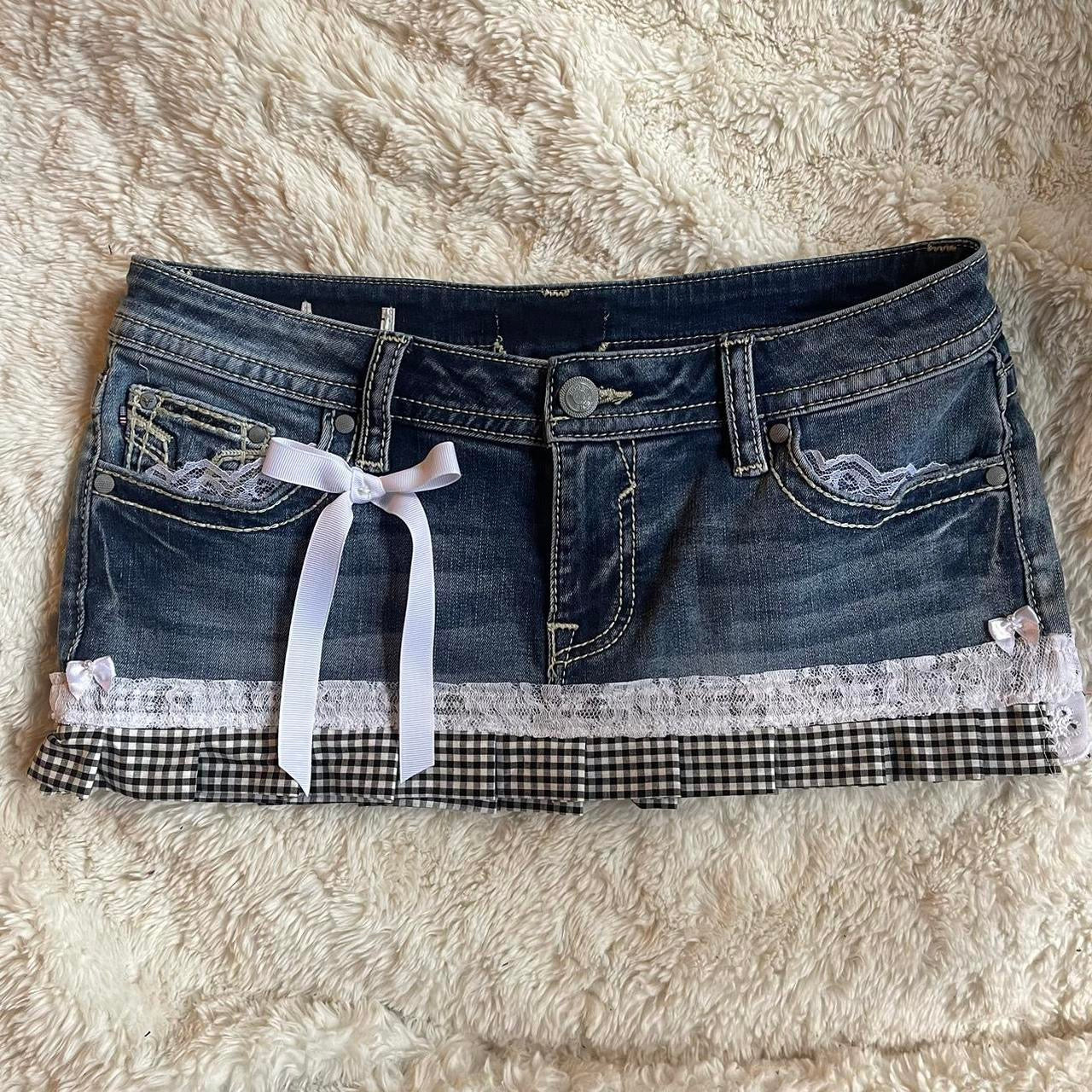୨୧ reworked OOAK vintage princess micro mini denim skirt with trim and bow details