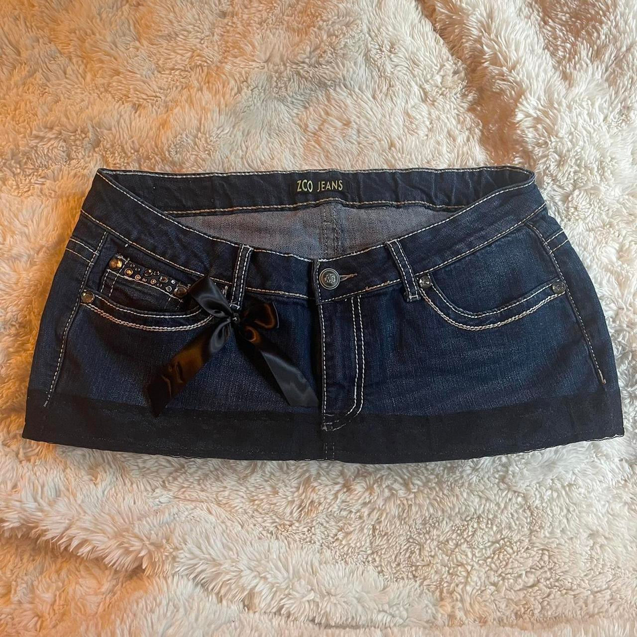ąØą§ reworked OOAK 2000s extreme denim micro mini skirt with black lace trim, rhinestones & black bow