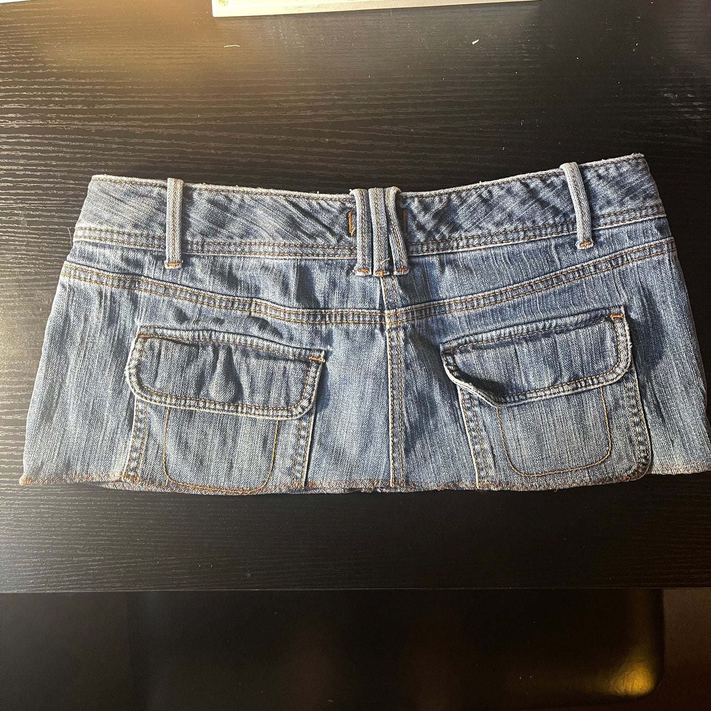 ąØą§ reworked OOAK 2000s western princess extreme denim micro mini skirt with leather trim, buttons, lace & chocolate ribbon
