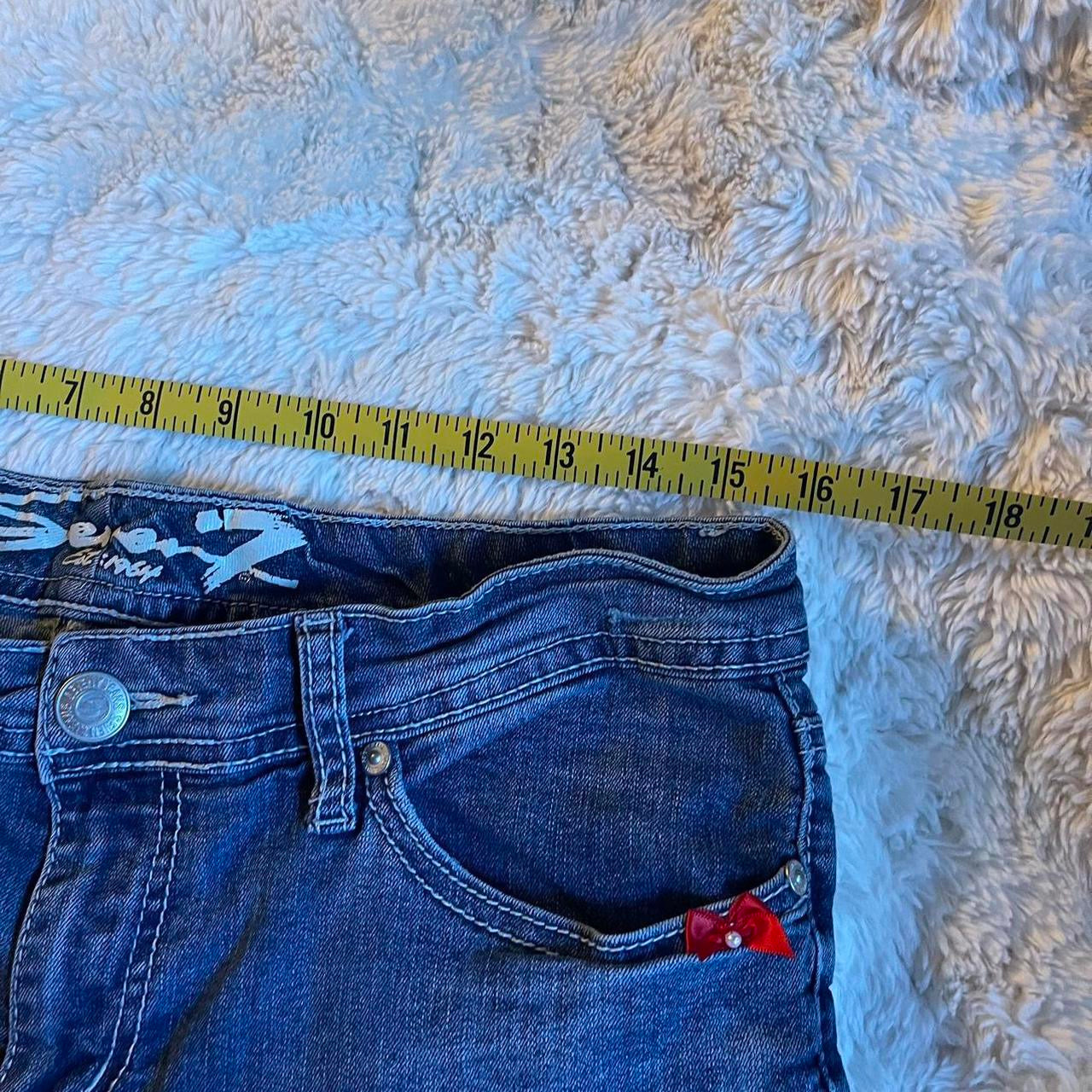 ୨୧ reworked OOAK cherry bomb princess vintage micro mini denim skirt with satin trim and red bow details