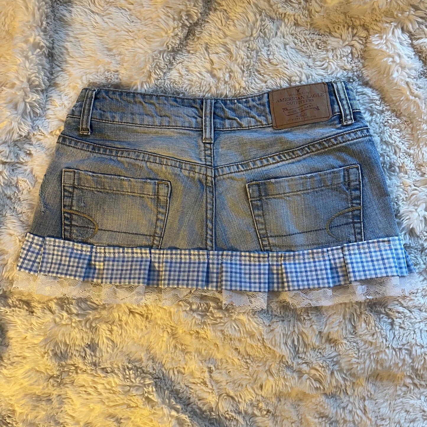 ąØą§ reworked OOAK vintage micro mini denim skirt with buttons, gingham baby blue trim with lace, heart patch and bow details