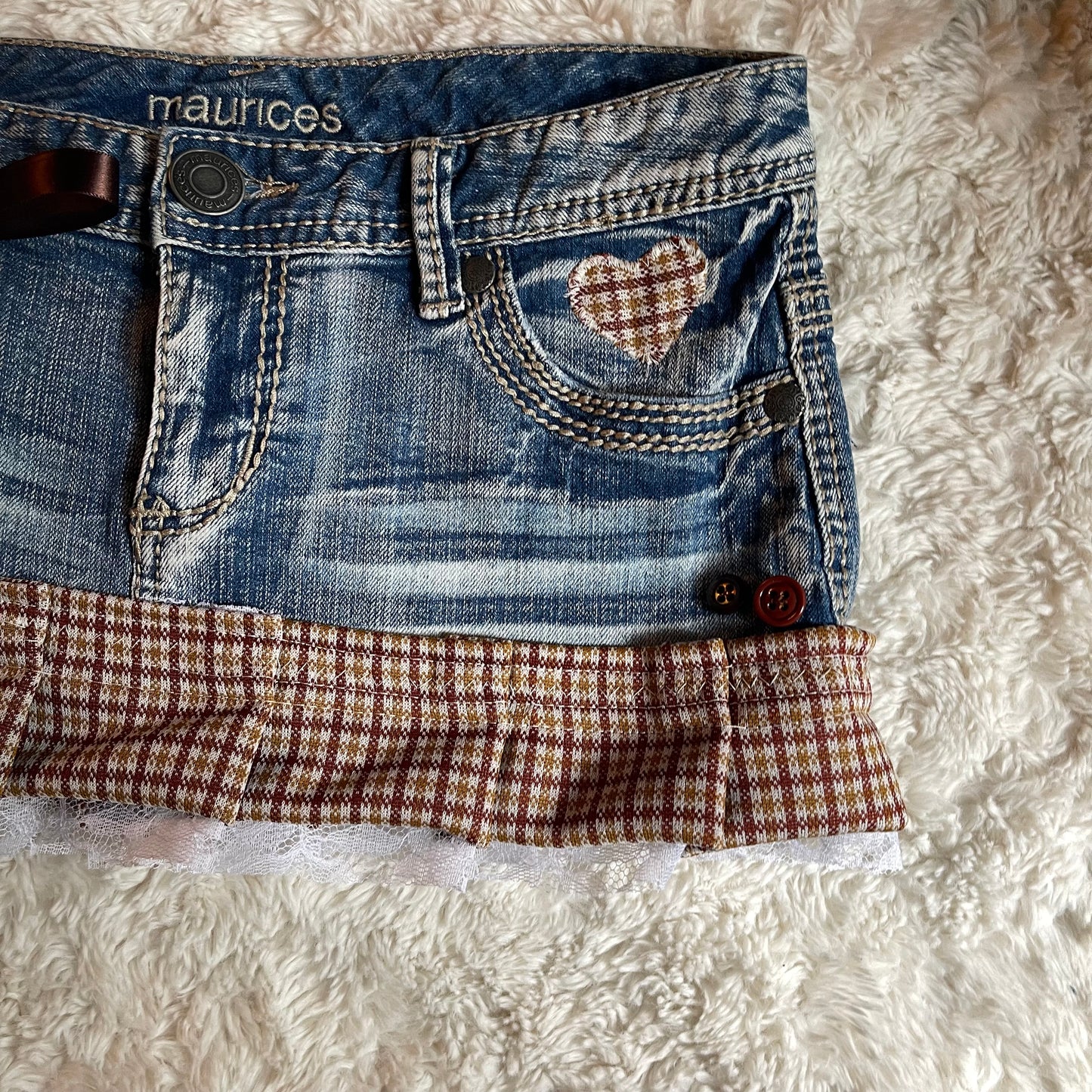 ୨୧ reworked OOAK vintage 70s brooklyn baby princess micro mini denim skirt with trim, lace and bows