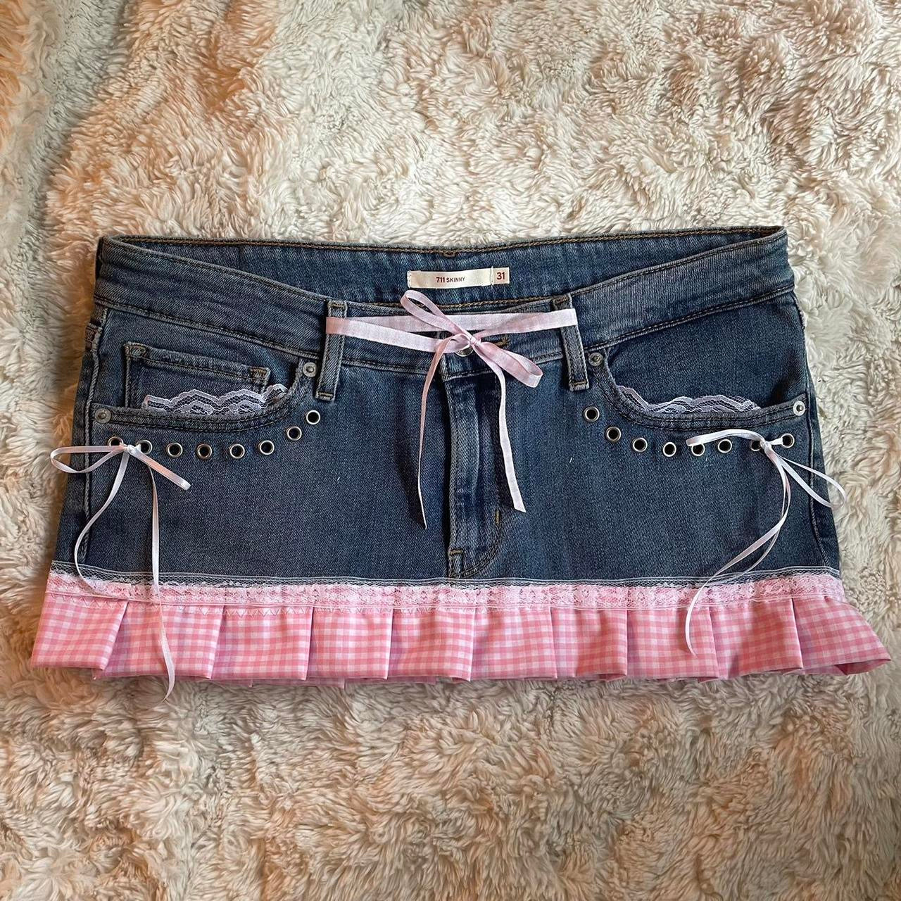 reworked y2k OOAK vintage micro mini denim skirt with gingham trim and baby pink bow details