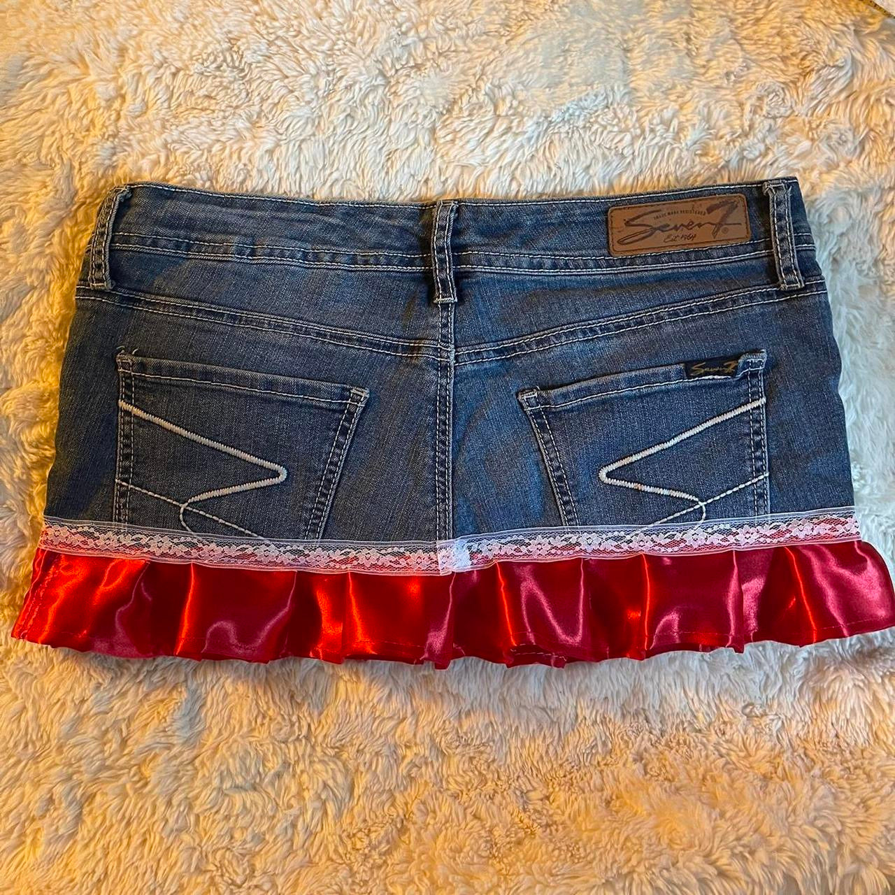 ୨୧ reworked OOAK cherry bomb princess vintage micro mini denim skirt with satin trim and red bow details