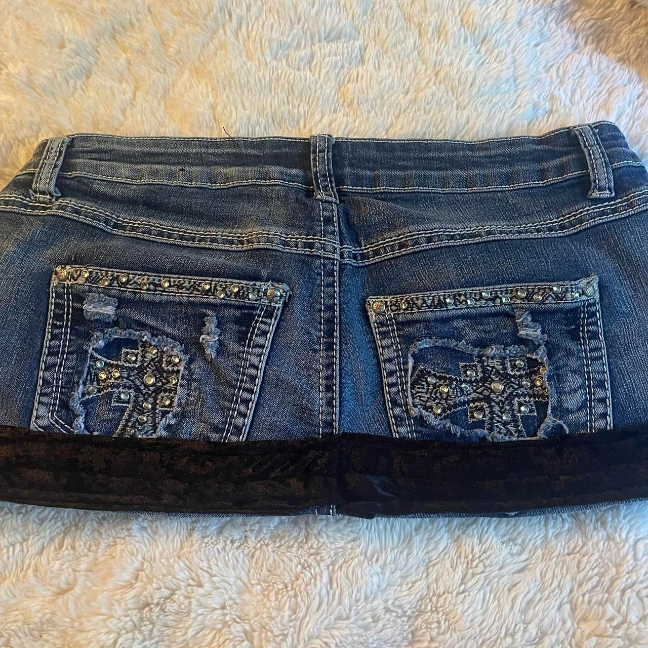 ୨୧ reworked OOAK 2000s extreme denim micro mini skirt with rhinestones, black fuzzy crushed velvet trim & black bows