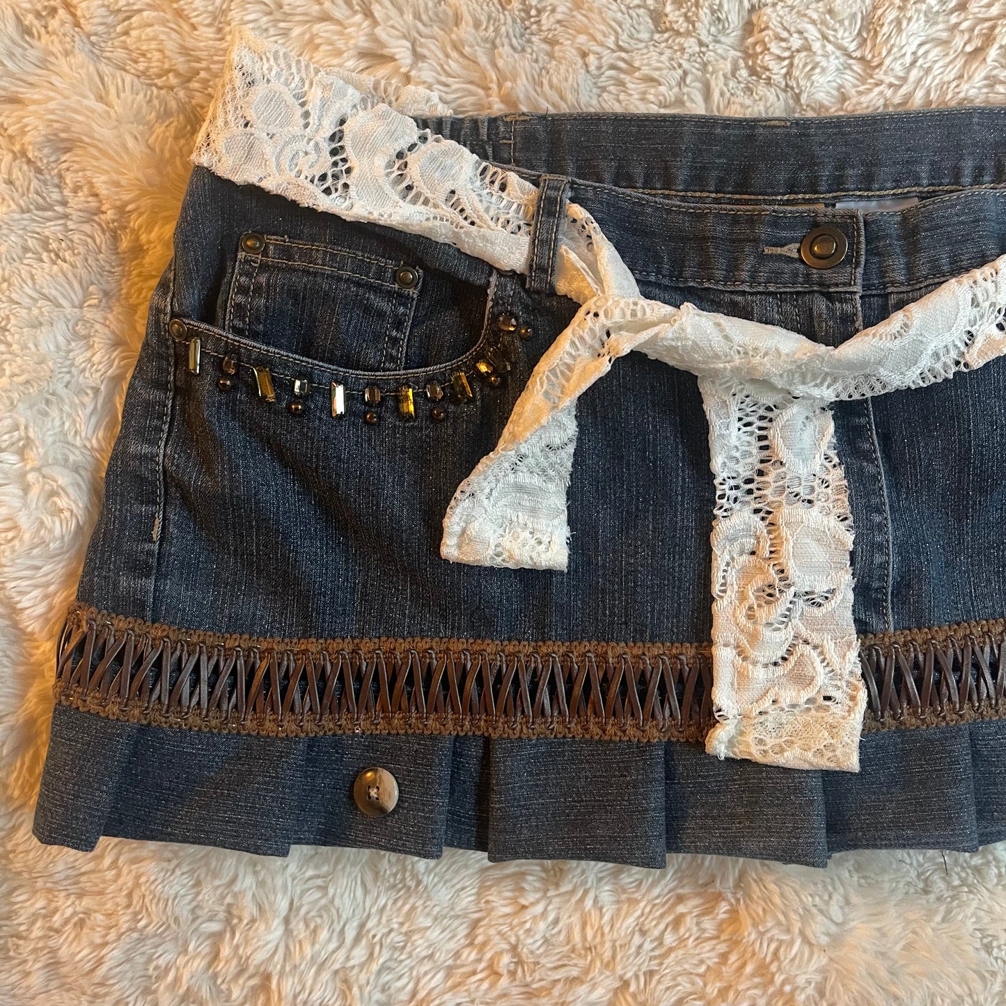 ୨୧ reworked OOAK vintage 70s western princess micro mini sparkly denim skirt with pleats, lace belt, sequins and leather trim