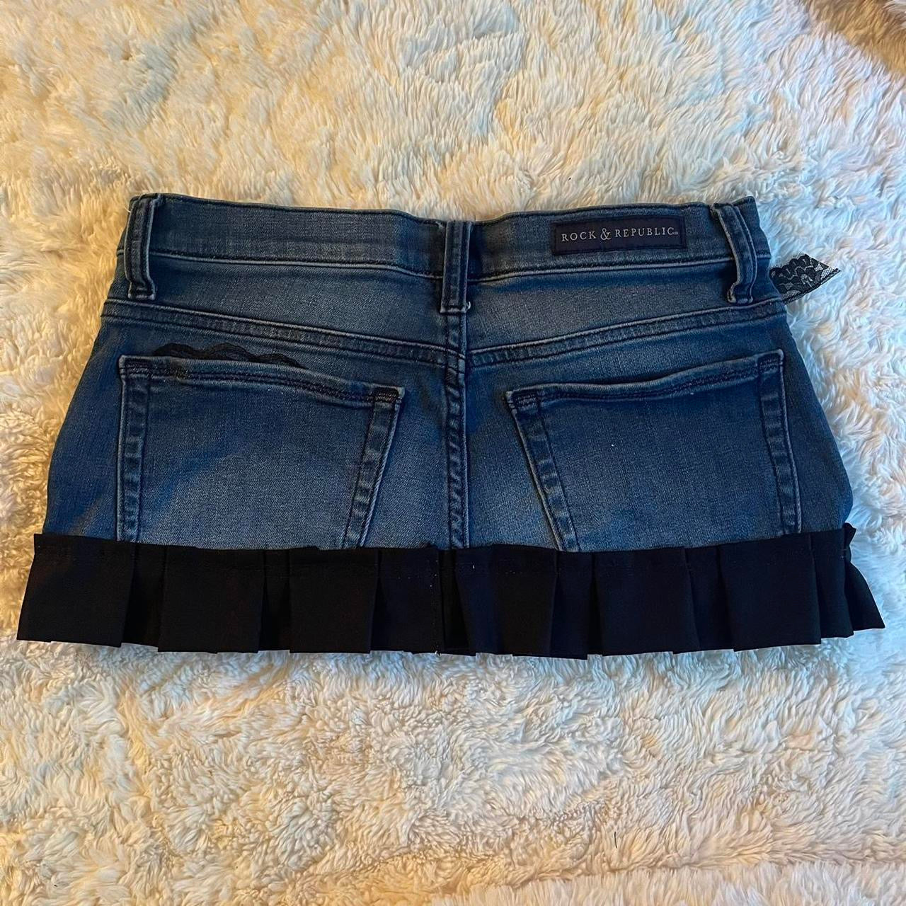 reworked OOAK 2000s princess light wash denim micro mini skirt w rhinestones, spiked studs, zipper pockets, black ribbon, lace and hand sewn pleats ୨୧