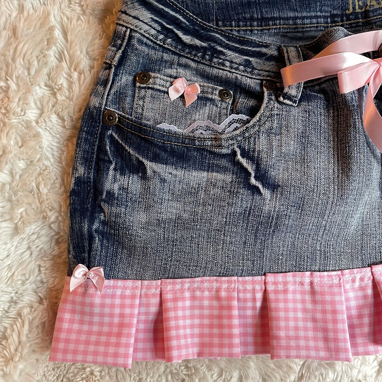୨୧ reworked OOAK vintage micro mini denim skirt with trim and baby pink bow details